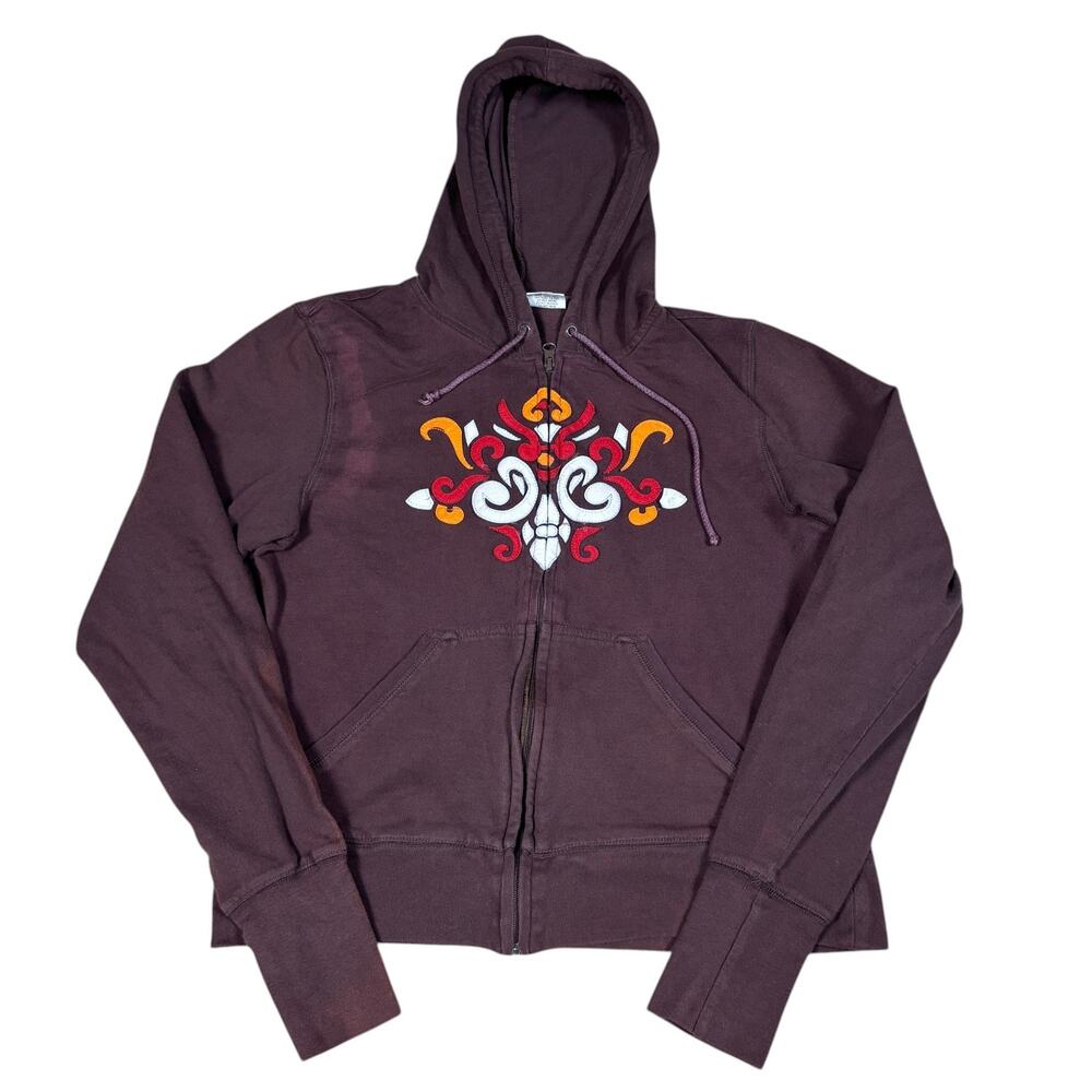 vintage y2k 2000s floral swirl brown zip up hoodie womens XL retro streetwear
